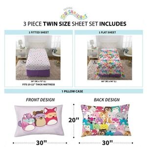 NWOT Squishmallows Twin Size Sheet Set 3 Piece Fitted Flat Pillowcase Bedding‎